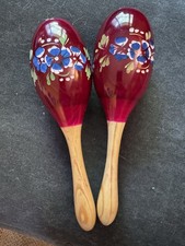 Vintage Maracas Hand Painted And Carved Red Floral Instrument Percussion Wooden
