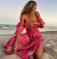 Spell NEW Solstice Soirée Dress Size S Floral Linen Boho Milk Maid Coastal Midi