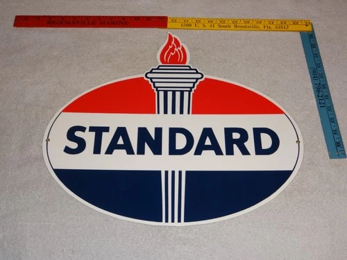 VINTAGE STANDARD GASOLINE TORCH & FLAME 18" PORCELAIN METAL GAS STATION OIL SIGN