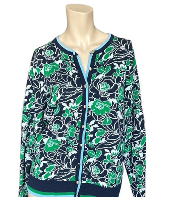 Charter Club Blue Green White Floral Scoop Neck Button Up Sweater Size XLarge
