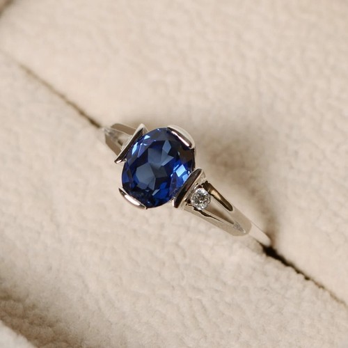 Dainty Blue Sapphire Women Ring Lab Created Gemstone 925 Sterling Silver Ring - Picture 3 of 5