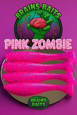 Brains Baits Pink Zombie 4  Swimbait Paddle Tail   Neon Pink with Blue Flake Bas