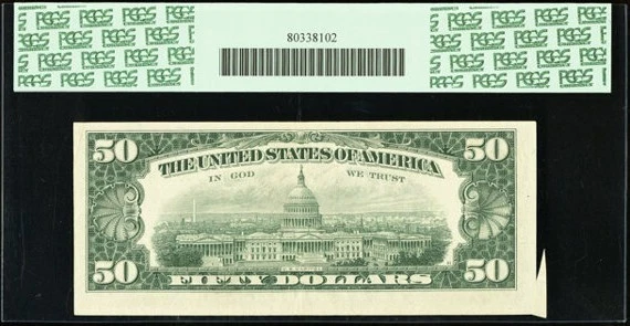 Cutting Error Fr. 2119-I $50 1977 Federal Reserve Note. PCGS About New 50PPQ - Image 2 of 2