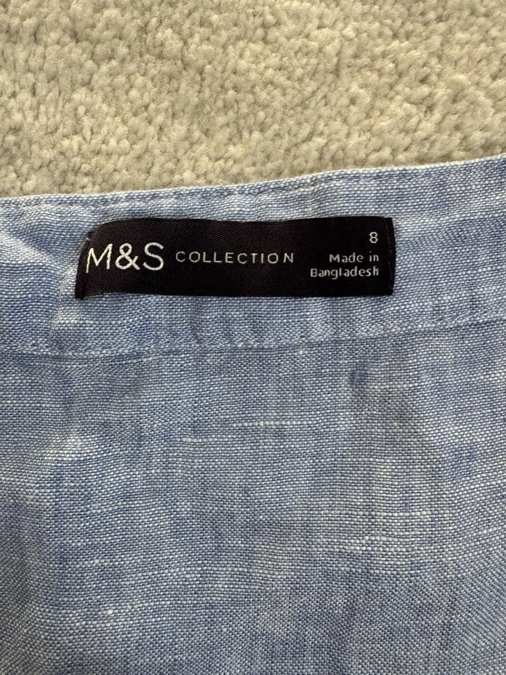 M&S 100% LINEN CHAMBRAY SQUARE NECK BUTTON FRONTSHORT PUFF SLEEVE  BLOUSE SIZE 8 - Image 3 of 4