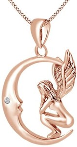 Authentic Natural Diamond Moon Dream Angle Wing Pendant in 14k Gold Plated Silver
