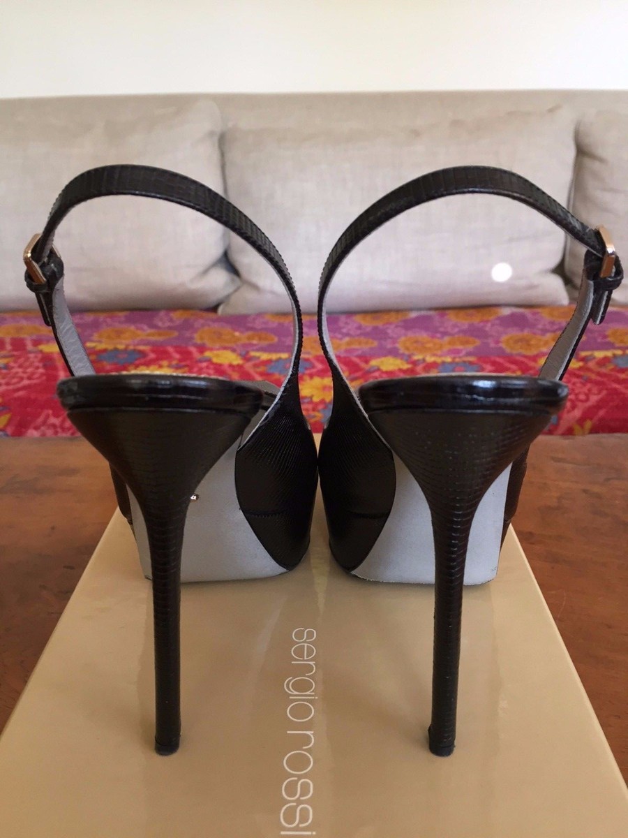 SERGIO ROSSI BLACK LEATHER PLATFORM PEEP TOE SLING BACK