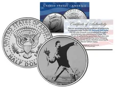 BANKSY * FLOWER THROWER * Colorized JFK Half Dollar U.S. Coin Street Art BOMBER