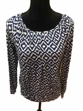 A B Studio Women’s Blue White Black Geometric Design Blouse Made USA Sz SMALL