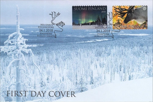 Northern Lights Aurora Borealis Snowy Lapland Reindeer Finland Mint FDC 2018