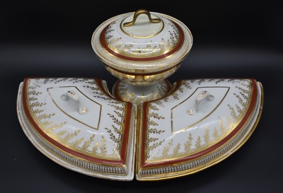 3pc Chainberlain's Worcester 18th C Hand Painted Red & Gold Covered Serving Set