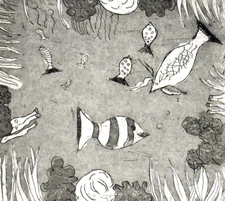 80s Nautical Art Etching Cute Tropical Fish Tank Aquarium Seaweed Swimming 10x8"