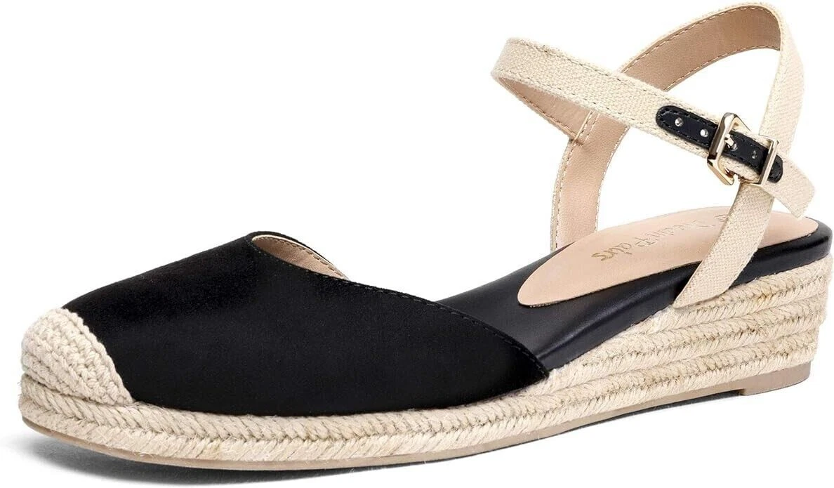 Suede Closed Toe Shoes Low Wedge Sandals Espadrilles Black UK Size 9 DREAM PAIRS