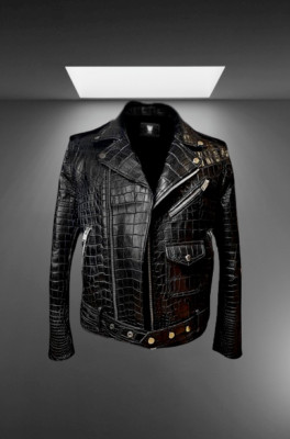 Men's Genuine Crocodile Pattern Leather Black VIP Motorcycle Stylish Coat