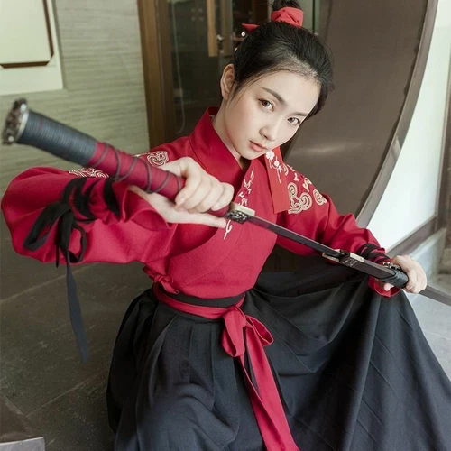 Vestido largo Element Hanfu artes marciales rojo bordado chino - Imagen 8 de 17