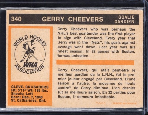1972-73 O-Pee-Chee WHA - Gerry Cheevers #340 *crease - Cleveland Crusaders - Picture 2 of 2