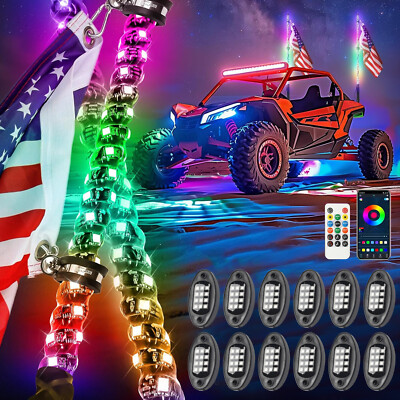 2PCS 3FT LED Whip Spiral Chasing RGB Whip Lights For Can Am Polaris RZR UTV ATV