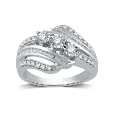 Brillanz Schmuck 1/4 kt TW Diamant 3 Steine Sterlingsilber Bypass Ring Größe 7