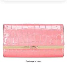 Michael Kors Mona Large East West Pink Camila Rose Croco Embossed Leather Clutch