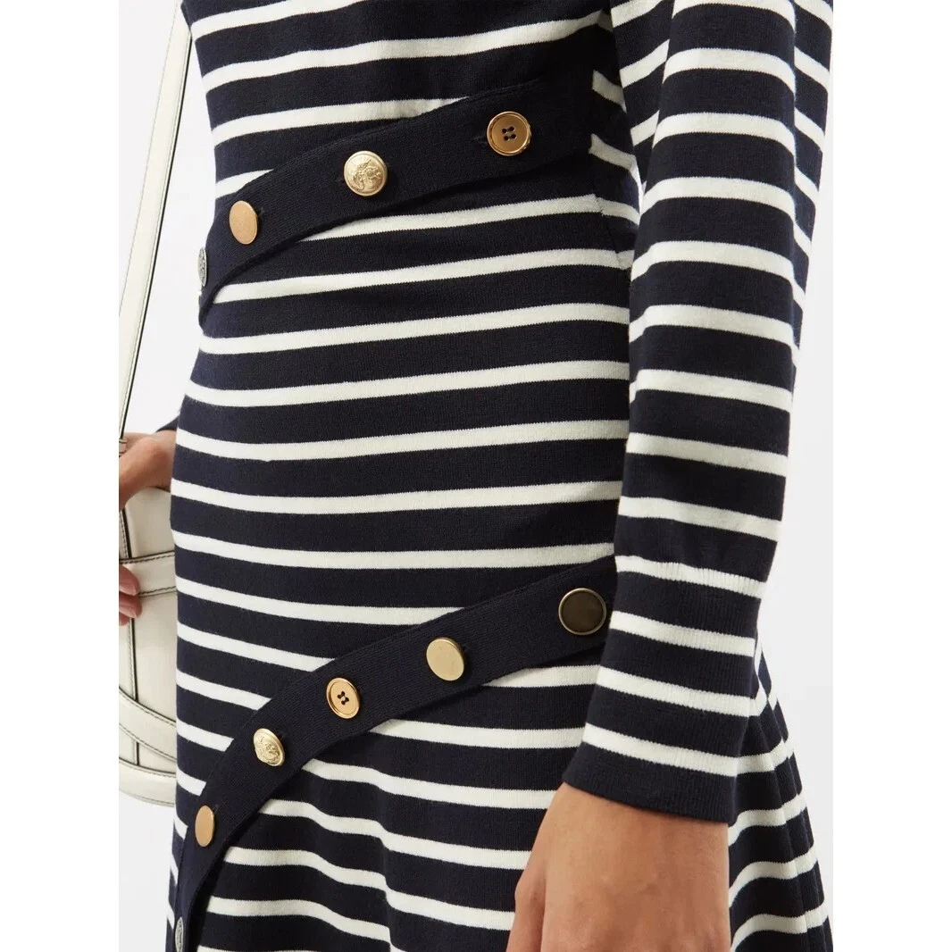 Abito midi Alexander McQueen in maglia avorio blu navy e oro $3290 nuovo con etichette passerella