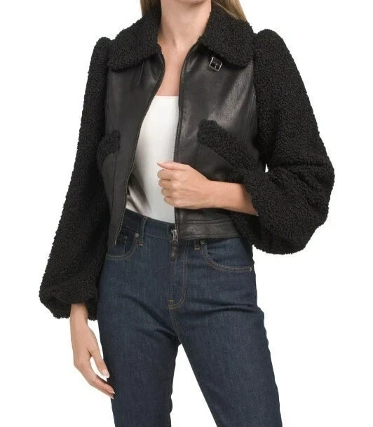 NWT Max Studio Feathered LONDON Sherpa Leather Jacket With Fur Large - Image 2 of 4