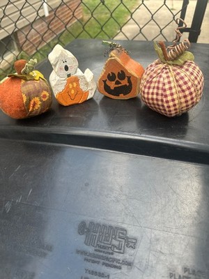 Vintage Halloween Decor Primitive Wood Pumpkin & Ghost & Fabric Pumpkins