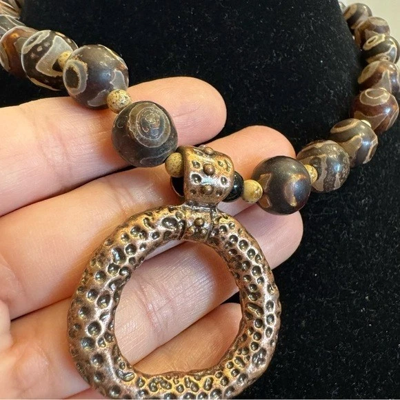 Large Natural Tibetan Agate Brown Eye Dzi 15mm Beaded Necklace w/ Copper Pendant - Image 2 of 4