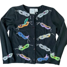 Michael Simon Lite Button Up Sweater Womens S Black Masquerade Mask Art to Wear