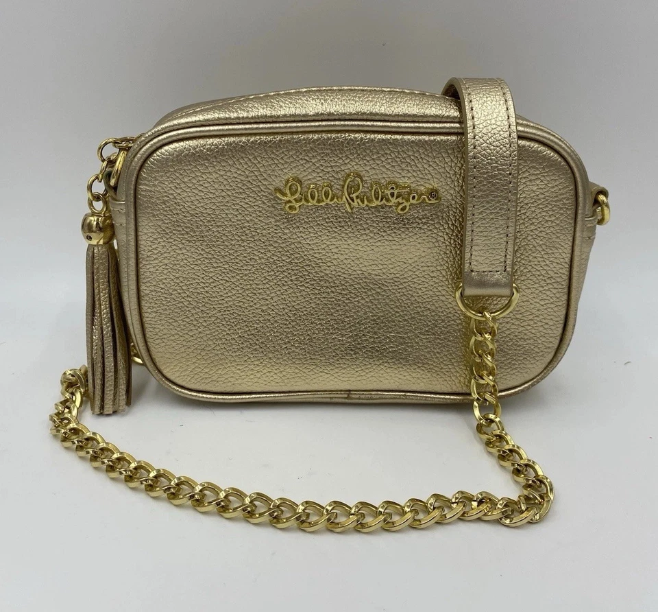 Bolso Bandolera Lilly Pulitzer Cuero Dorado Cadena Borla Cross Town Bolso sin asas Pequeño Foto 2 de 4