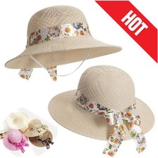 Ladies Women Sun Hat Straw Spring Summer Floppy Beach Wide Brim Foldable Cap UK