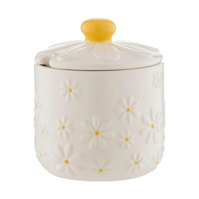 PRICE & KENSINGTON Daisy Sugar Bowl Jar With Lid Ceramic Hand Painted Flower Embossed White Storage