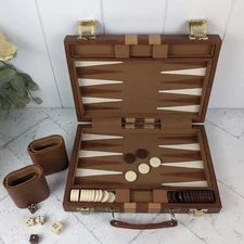 Vintage Backgammon Game Travel Case Set Faux Leather Tan Dark Brown 11" x 15"