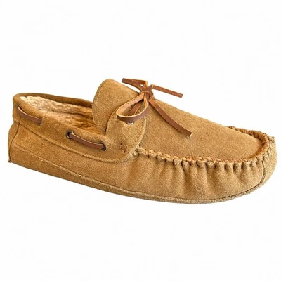 Minnetonka Moccasins Slippers Suede Mens 11 Tan Pile Lined Hardsole Rubber Sole - Image 1 of 4
