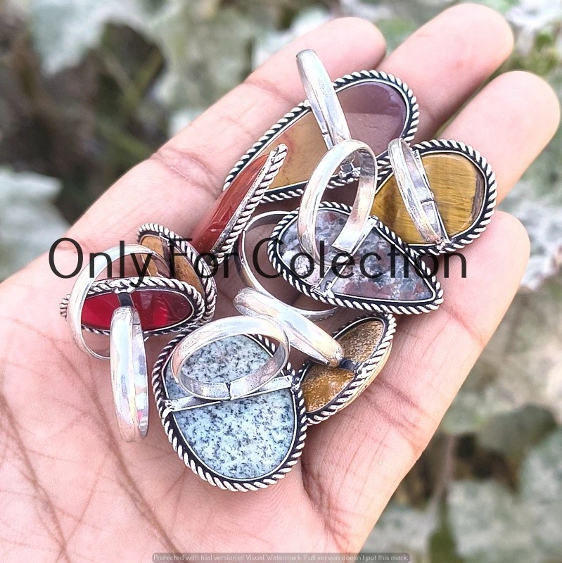 Lote de anillos tribales enchapados en plata de ley 925 ojo de tigre y mezcla de piedras preciosas Foto 2 de 2