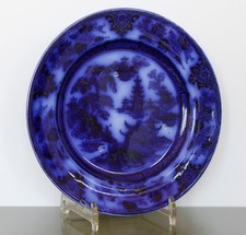 Antique STAFFORDSHIRE Dark Flow Blue PLATE with Spur Marks Chinese Blue Willow