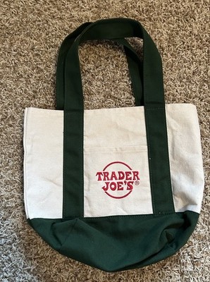 Mini Trader Joe's Canvas Reusable Tote Bag Green Beige Solid Pattern