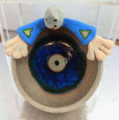 Tonala Mexican Folk Art Funny Face Crackle Glaze inside 3.5"Rx1.5"D Incense Pot - Picture 1 of 8