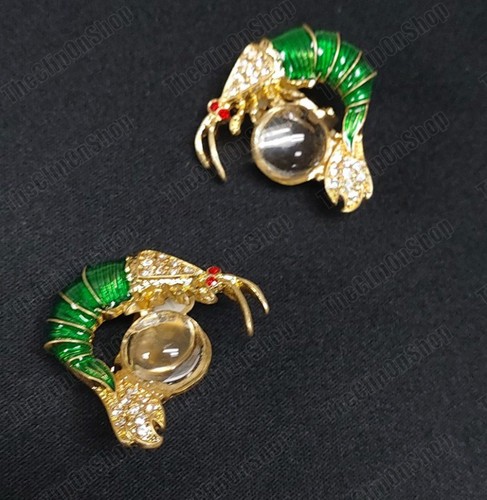 Vintage Art Deco Gold & Green Trifari Enamel, Red Crystal Lobster Earrings Vtg - Picture 4 of 12