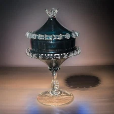 60s Vintage Empoli Peacock Blue Pedestal Candy Dish with Rigaree Detail