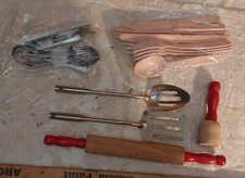 Vintage toy kitchen items rolling pin serving spoons silverware