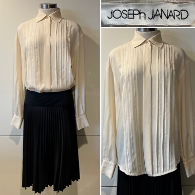 JOSEPh JANARD Ivory Silk Crepe de Chine Pintuck, Embroidered Blouse, Shirt  M-L