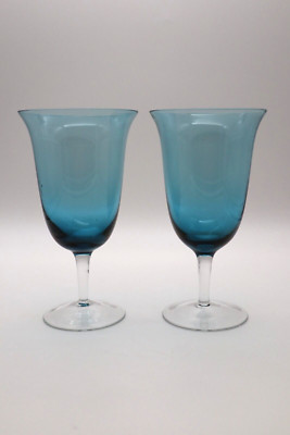 2 Handblown Glass Water Goblets Iced Tea Glasses Cocktail Blue Tulip Shape