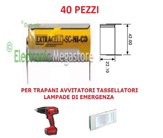 40 Batterie Ni-Cd SC 1.2V 2000mAh con Linguette per Trapani e Utensili