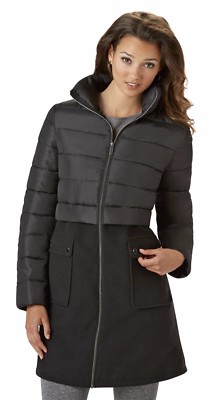 KC Collection Puffer Top Faux Wool Bottom Mixed Media Coat Plus 2X Black New