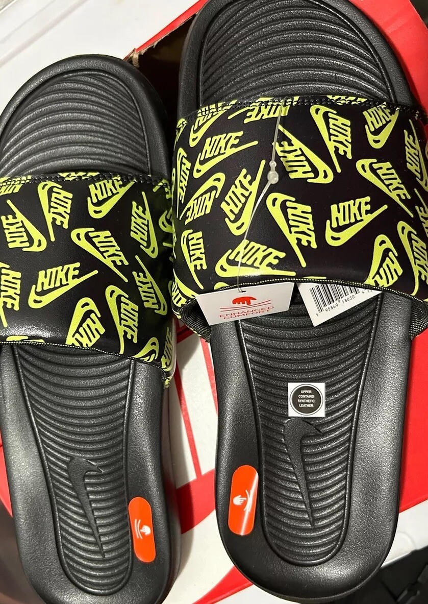 Nike Men's “Victori One” Slides Logo Sandals Volt/Black Brand New