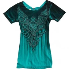New Women's Affliction Green Rome Rhinestone & Cross Wings T-Shirt Top XS-XXL