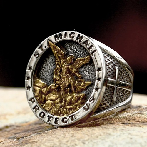 Medaglia Arcangelo Acciaio Inox Croce Cattolica Anello Uomo San Michele Unisex - Foto 18 di 25