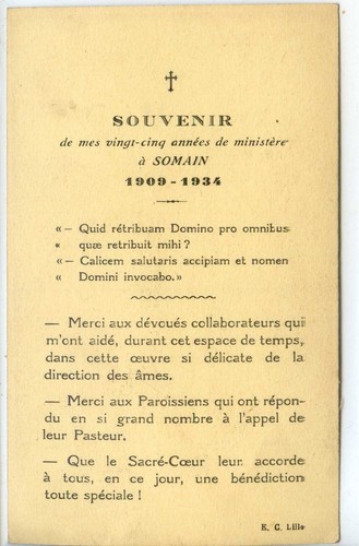 Image Pieuse - Souvenir de mes 25 années de ministère à Somain (1909-1934) - Picture 2 of 2