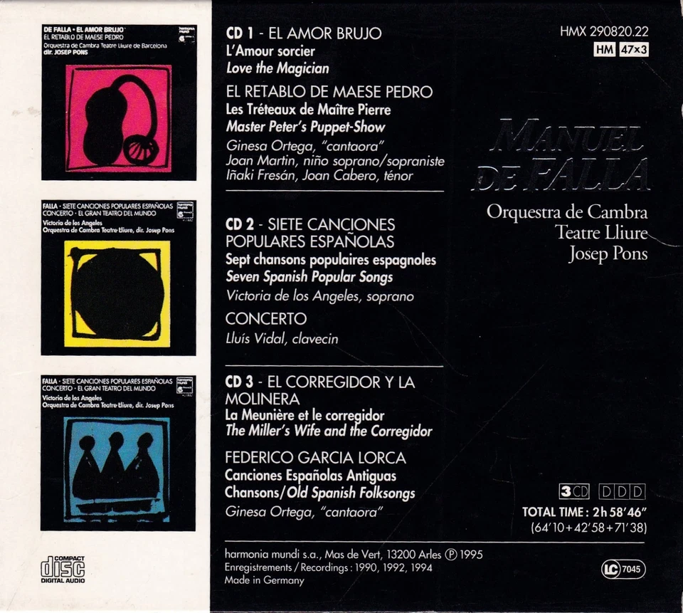 Manuel De Falla - El Amor, Siete canciones, El Corregidor ua (3-CD, Pons,Cabero) - Bild 2 von 2