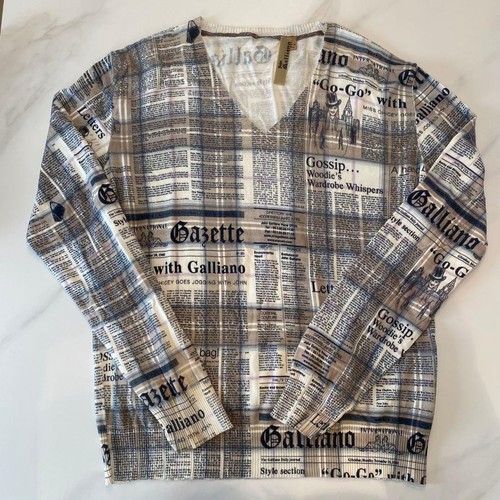 John Galliano, John Galliano Newspaper Print V-Neck Knit Sweater Vintage Designer Size M Used