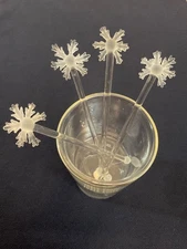 VTG Set of 6 Glass Frosted Snowflake Swizzle Stir Cocktail Sticks, new